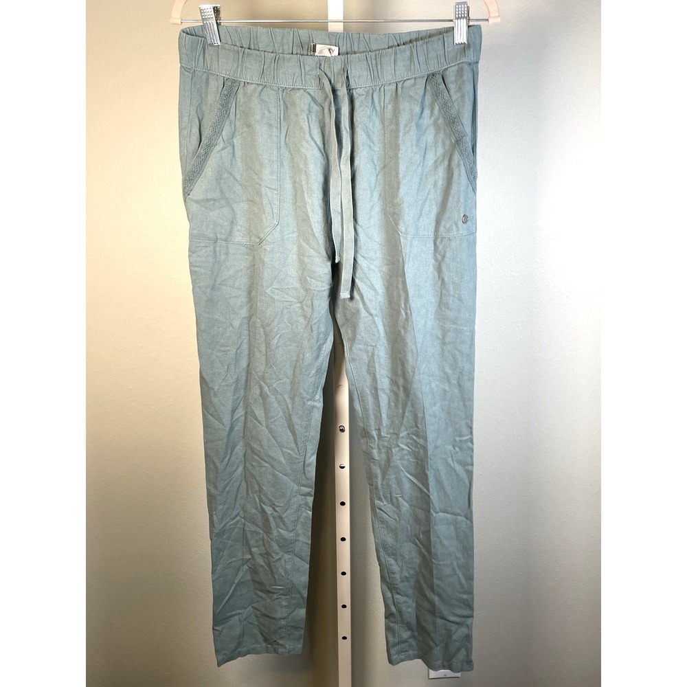 Roxy Women's Linen Pants Medium Green Drawstring Pockets Roll Tab causal lounge